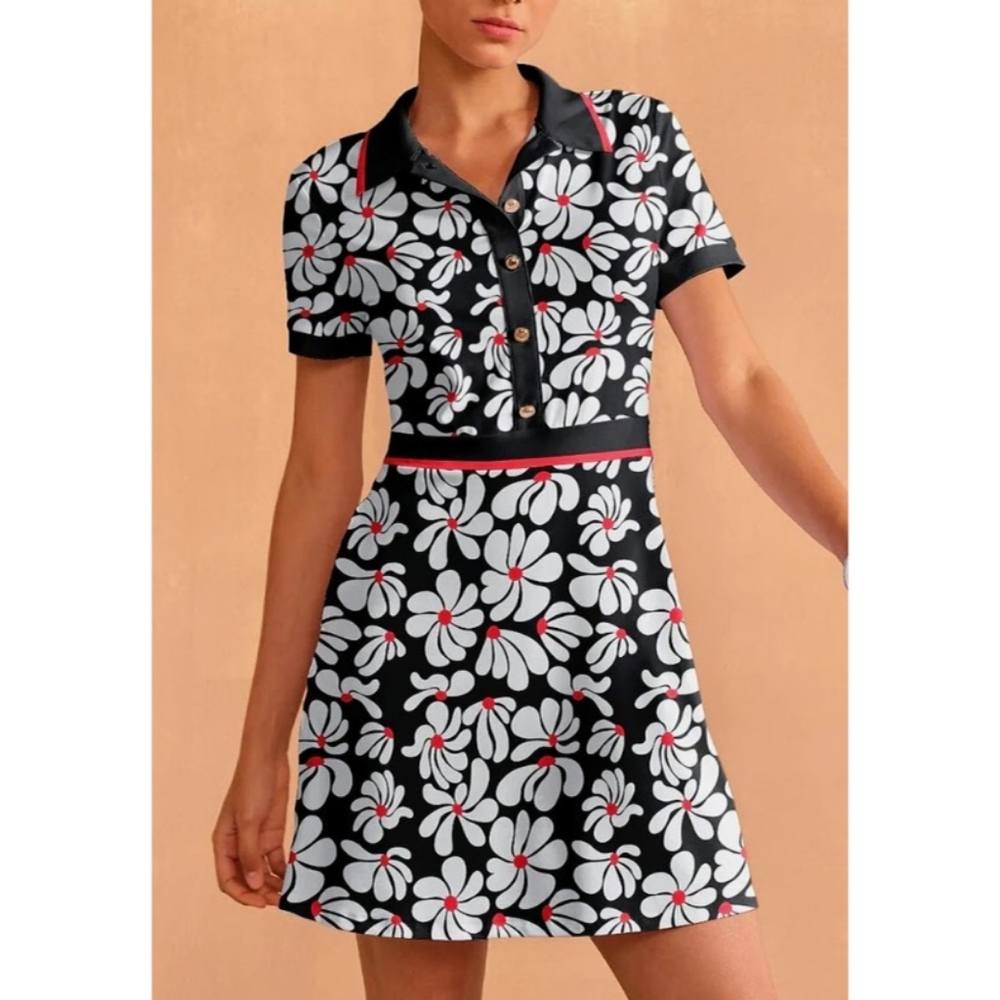 Floral Black and White Polo Dress
